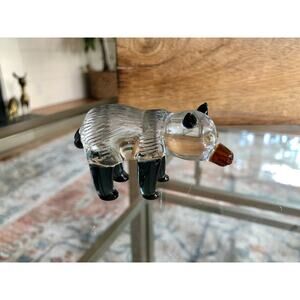 Small Handblown Glass Black and White Bear, Yellow eyes, Handmade Glass Animal